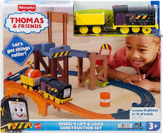 Thomas & Friends Motorized Toy Train Set Diesel’s Lift & Load Construction with Track & Cargo for Preschool Kids Ages 3+ Years