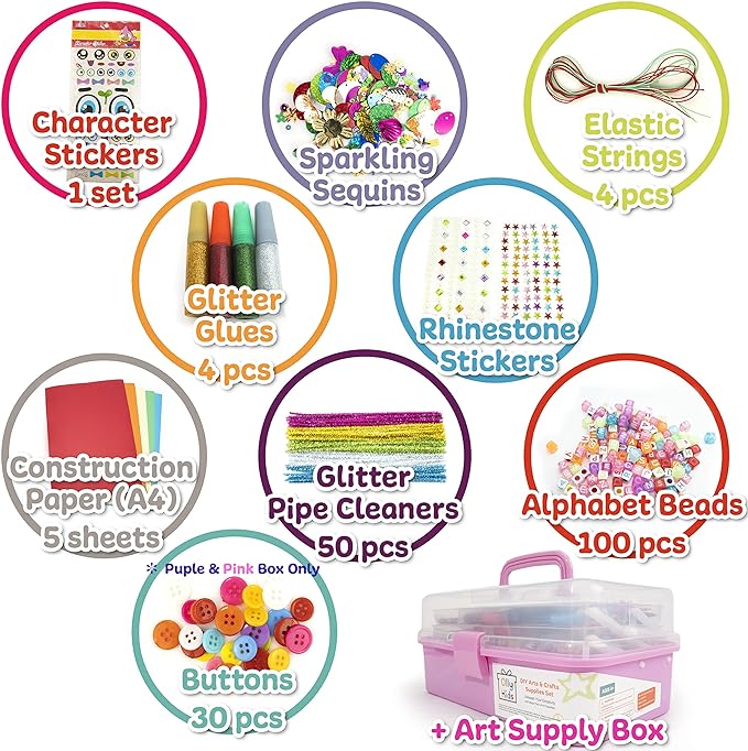 Olly Kids Arts and Crafts Supplies for Kids Girls 4 5 6 7 8 9 10 11 & 12- Ultimate Crafting Supply Carboodle in Portable 3 Layered Plastic Art Box