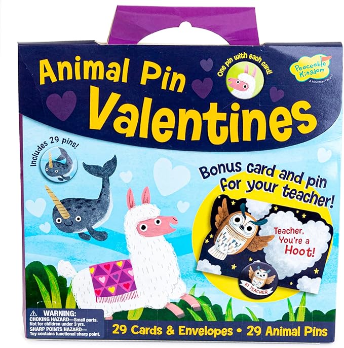 Peaceable Kingdom Valentines Cards for Kids Classroom, Set of 28 Valentines Day Gifts - Animal Pins