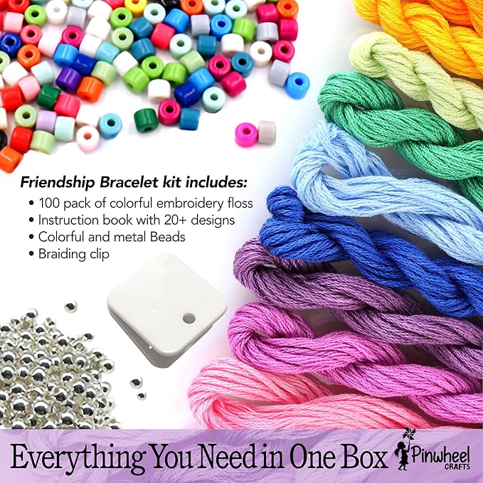 Pinwheel Crafts Friendship Bracelet Kit – DIY String Bracelet Making Kit for Girls 8-12 – 100 Floss, Colored/Metal Beads, Braiding Clip, Design Book – Jewelry Making Set for Girls Gift