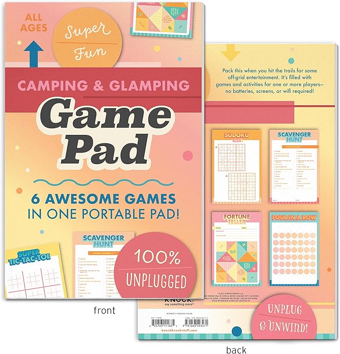 Knock Knock Camping On-The-Go Game Pad, Glamping & Outdoor Activities for Kids, 6 Games (Finish The Doodle, Sudoku, Scavenger Hunt, Super Tic-Tac-Toe, Fortune Teller, Four in a Row), 6 x 9-inches