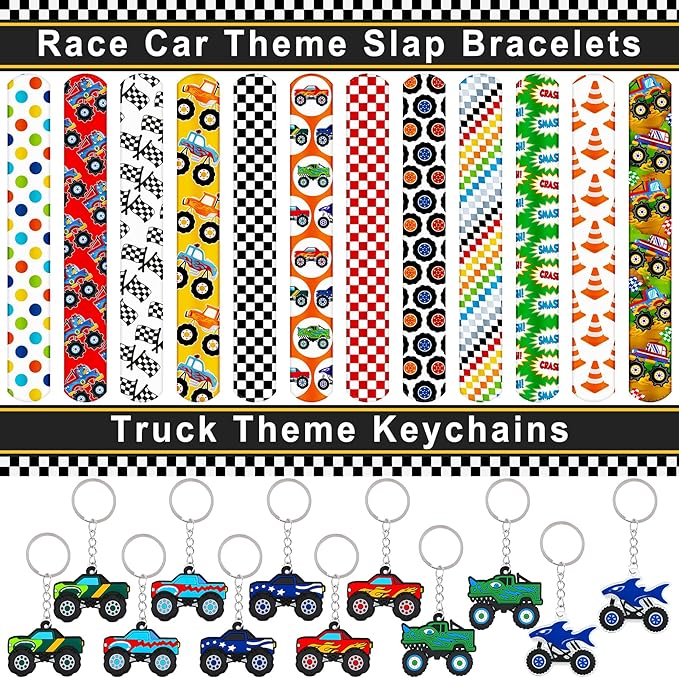 Monster Truck Party Favors Set 72 PCS Truck Theme Slap Bracelets Keychains Tattoo Stickers DIY Stickers Drinking Straws Party Gift Bags for Kids Boys Birthday Party Supplies