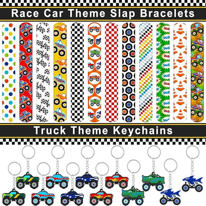 Monster Truck Party Favors Set 72 PCS Truck Theme Slap Bracelets Keychains Tattoo Stickers DIY Stickers Drinking Straws Party Gift Bags for Kids Boys Birthday Party Supplies