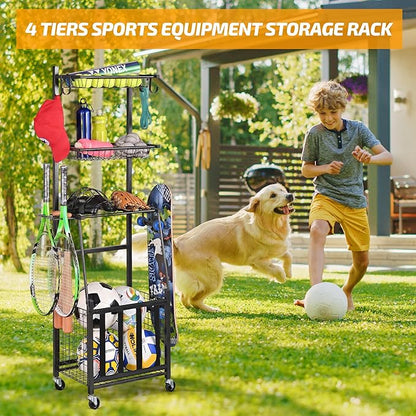 PLKOW Sports Equipment Storage for Garage, Indoor/Outdoor Sports Rack for Garage, Ball Storage Garage Organizer with Basket and Hooks,Toy/Sports Gear Storage