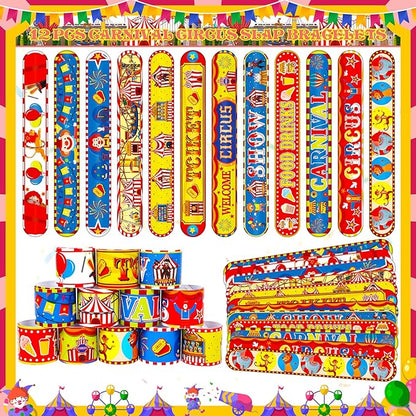 Circus Party Favors 72 PCS Circus Clown Animal Slap Bracelets DIY Stickers Tattoo Stickers Keychains Plastic Straws Gift Bags for Kids Carnival Theme Birthday Party Baby Shower Classroom Rewards