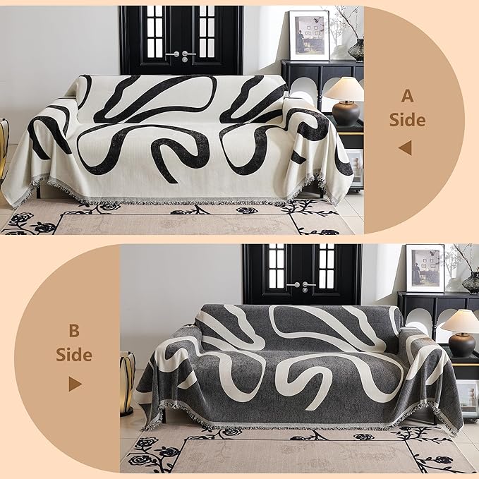 MYSKY HOME Boho Couch Cover Super Soft Couch Covers for 2-3 Cushion Couch Sofa, Modern Black Jacquard Sofa Slipcover Loveseat Futon Cover, Couch Covers for Sectional Sofa, 71" x 102", Black Curve