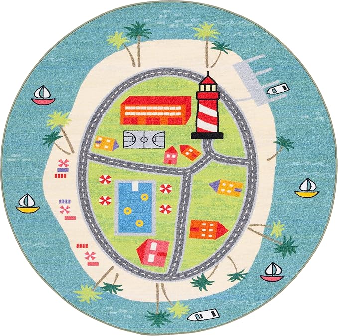 SAFAVIEH Kids Playhouse Collection Area Rug - 5' Round, Blue & Green, Non-Shedding Machine Washable & Slip Resistant Ideal for High Traffic Areas for Boys & Girls in Playroom, Nursery (KPH202M)
