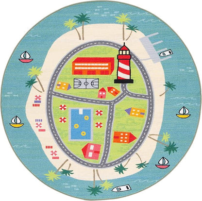 SAFAVIEH Kids Playhouse Collection Area Rug - 5' Round, Blue & Green, Non-Shedding Machine Washable & Slip Resistant Ideal for High Traffic Areas for Boys & Girls in Playroom, Nursery (KPH202M)