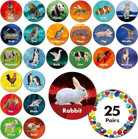 Realistic Animal Matching Game, 50 PCS Round Animal Memory Matching Cards for Toddlers 25 Pairs Real Animal Memory Cards Educational Toys for Preschool Boys & Girls 4 5 6 Years Old