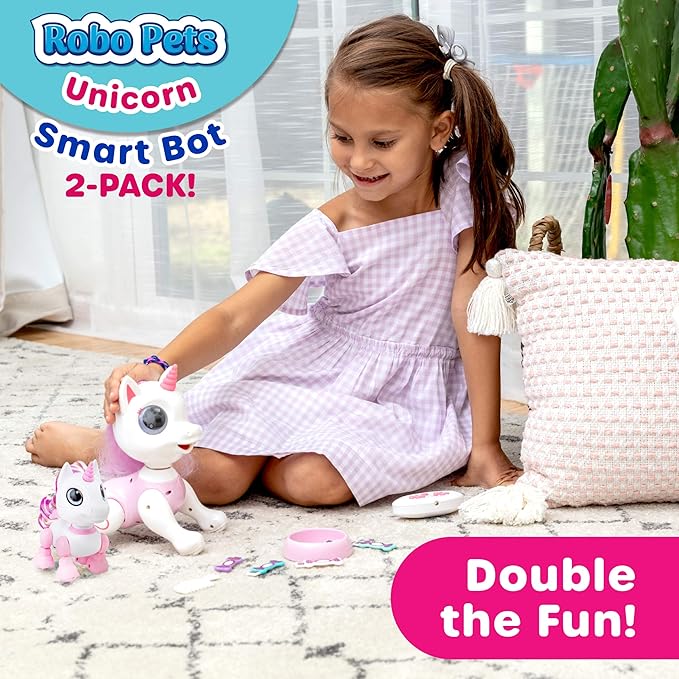 Power Your Fun Unicorn Robo Pets Toys 2pk - Unicorns Gifts for Girls and Kids (1) Unicorn STEM Toy Robot Interactive Hand Gestures or Remote Control to Move and (1) Mini Unicorn Automated Smart Robot