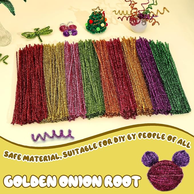 Hssugi 100pcs Pipe Cleaners, Glitter Yellow Pipe Cleaners Craft Supplies,Chenille Stems for DIY Arts Crafts Project(Glitter Yellow)