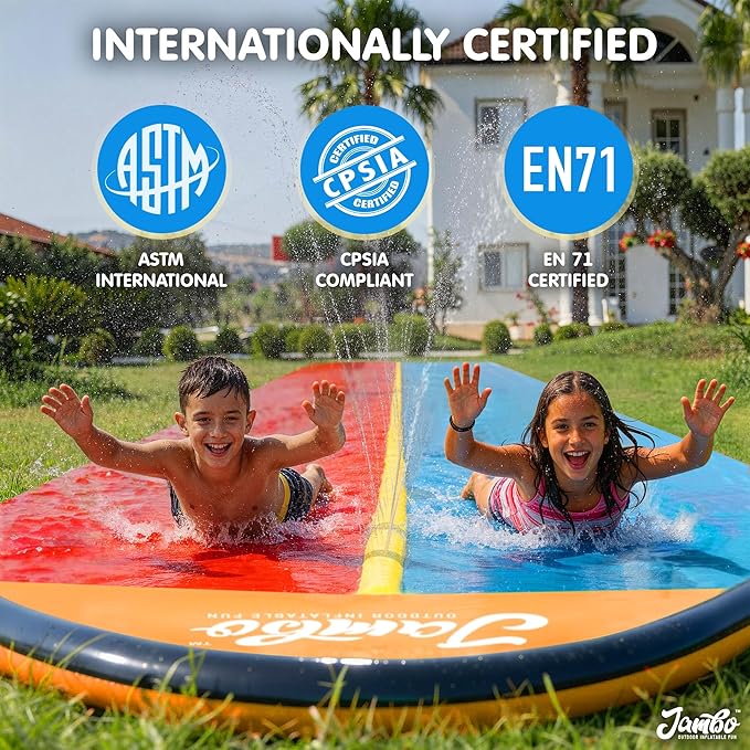 JAMBO Premium 18Ft Budget Slip Splash and Slide, Heavy Duty Water Slide with Advanced Sprinkler System, Backyard Waterslide, Splash Mat, Outdoor Water Toys n Slides for Kids