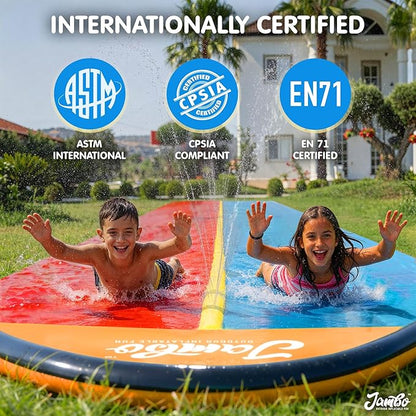 JAMBO Premium 18Ft Budget Slip Splash and Slide, Heavy Duty Water Slide with Advanced Sprinkler System, Backyard Waterslide, Splash Mat, Outdoor Water Toys n Slides for Kids