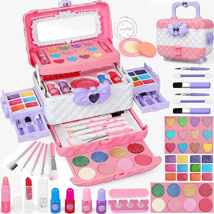 54 Pcs Kids Makeup Kit for Girls, Princess Real Washable Pretend Play Cosmetic Set Toys with Mirror, Non-Toxic & Safe, Birthday Gifts for 3 4 5 6 7 8 9 10+Years Old Girls Kids (Pink White)