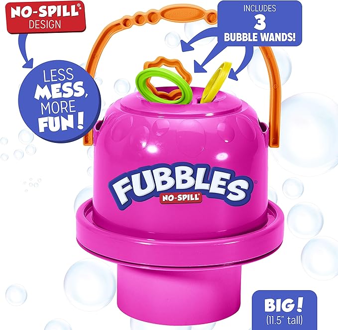 Fubbles Bubbles No-Spill Big Bubble Bucket in Pink | Bubbles for Toddlers and Kids of All Ages | Includes Fubbles Bubbles Bucket and 3 Bubble Wands, Made in The USA
