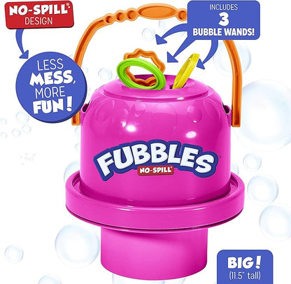 Fubbles Bubbles No-Spill Big Bubble Bucket in Pink | Bubbles for Toddlers and Kids of All Ages | Includes Fubbles Bubbles Bucket and 3 Bubble Wands, Made in The USA
