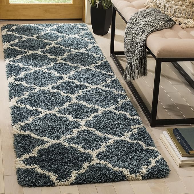 SAFAVIEH Hudson Shag Collection Runner Rug - 2'3" x 10', Slate Blue & Ivory, Trellis Design, Non-Shedding & Easy Care, 2-inch Thick Ideal for High Traffic Areas in Living Room, Bedroom (SGH282L)