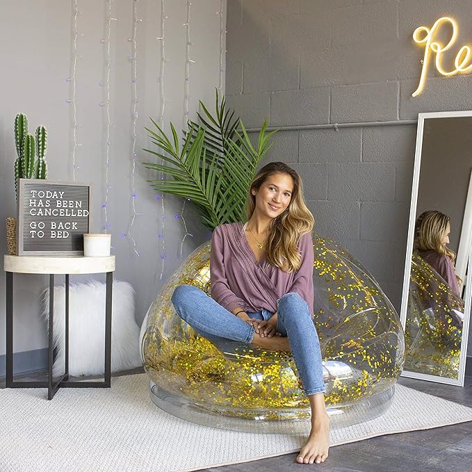 Air Candy Inflatable Glitter Chair - Filled with 6mm Holographic Color Changing Gold Glitter - Made with Strong PVC That Will Hold up to 250 lbs. Perfect for Indoor or Outdoor use!