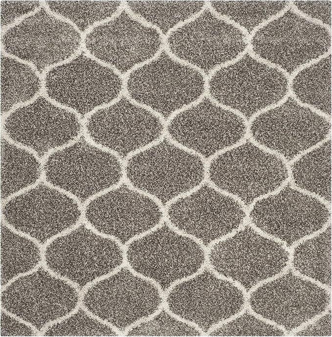 SAFAVIEH Hudson Shag Collection 5' Square Grey/Ivory SGH280B Moroccan Ogee Trellis Non-Shedding Living Room Bedroom Dining Room Entryway Plush 2-inch Thick Area Rug