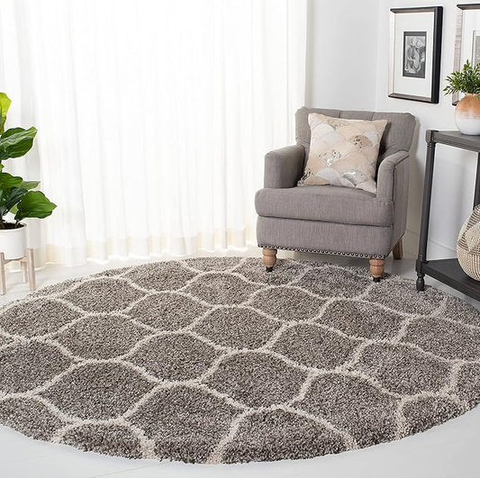 SAFAVIEH Hudson Shag Collection 3' Round Grey/Ivory SGH280B Moroccan Ogee Trellis Non-Shedding Living Room Bedroom Dining Room Entryway Plush 2-inch Thick Area Rug