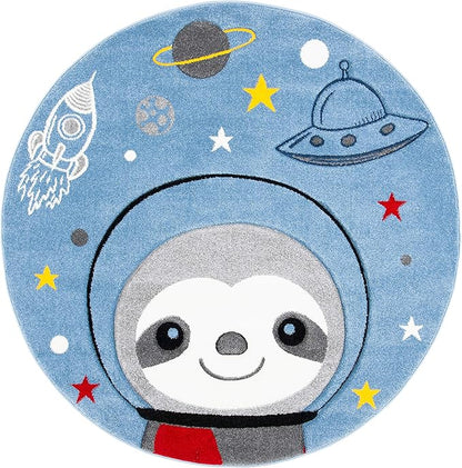 SAFAVIEH Carousel Kids Collection Area Rug - 4' Round, Blue & Grey, Sloth Design, Non-Shedding & Easy Care, Ideal for High Traffic Areas for Boys & Girls in Playroom, Nursery, Bedroom (CRK140M)