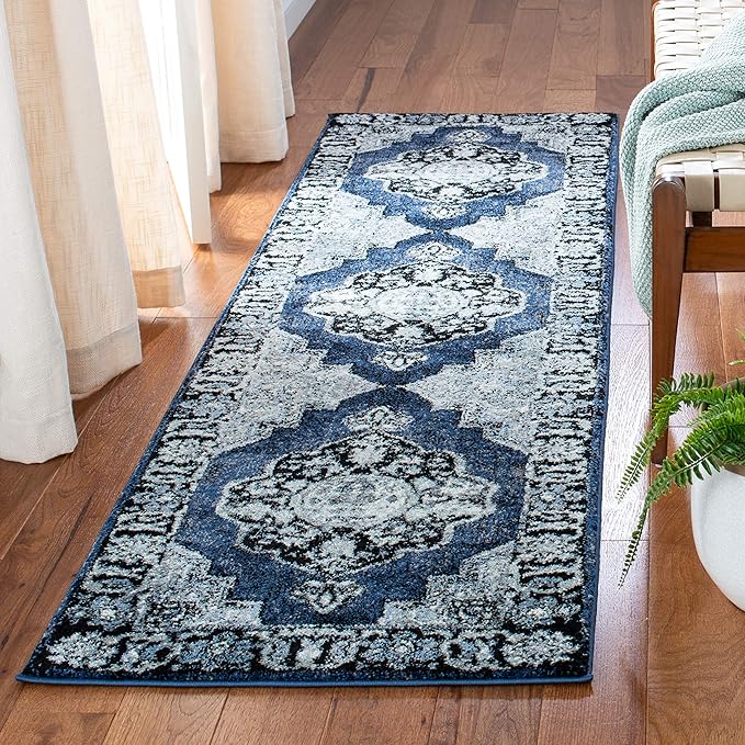 SAFAVIEH Vintage Hamadan Collection Runner Rug - 2'3" x 10', Blue & Grey, Oriental Traditional Persian Design, Non-Shedding & Easy Care, Ideal for High Traffic Areas in Living Room, Bedroom (VTH219M)