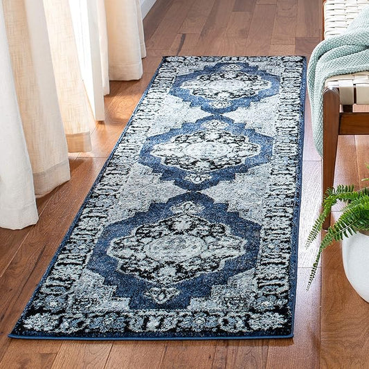 SAFAVIEH Vintage Hamadan Collection Runner Rug - 2'3" x 10', Blue & Grey, Oriental Traditional Persian Design, Non-Shedding & Easy Care, Ideal for High Traffic Areas in Living Room, Bedroom (VTH219M)