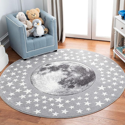 SAFAVIEH Carousel Kids Collection 6'7" Round Light Grey/White CRK135F Moon and Stars Non-Shedding Nursery Playroom Area Rug