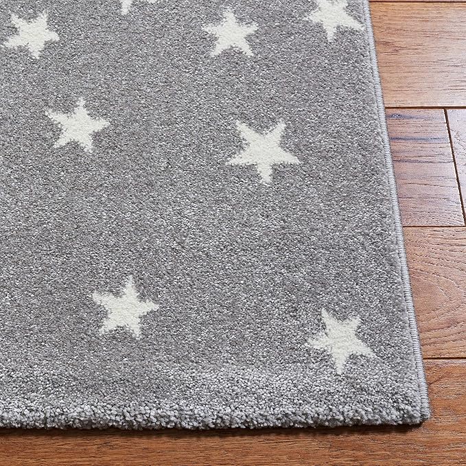 SAFAVIEH Carousel Kids Collection 4' Square Light Grey/White CRK135F Moon and Stars Non-Shedding Nursery Playroom Area Rug