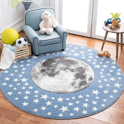 SAFAVIEH Carousel Kids Collection 3' Round Light Blue/Grey CRK135L Moon & Stars Non-Shedding Playroom Nursery Bedroom Area Rug