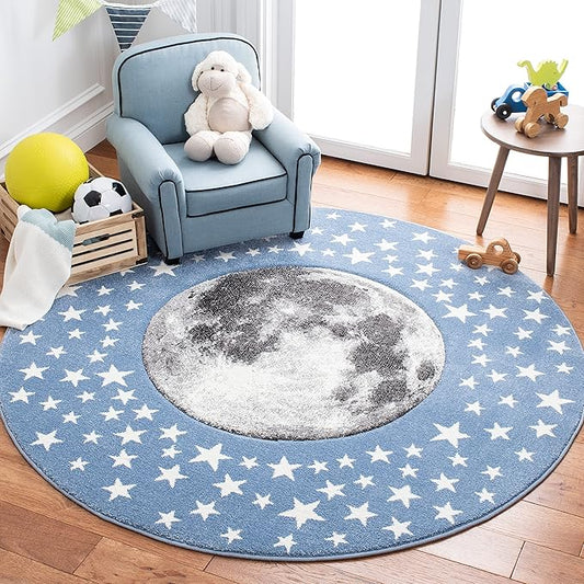 SAFAVIEH Carousel Kids Collection 4' Round Light Blue/Grey CRK135L Moon & Stars Non-Shedding Playroom Nursery Bedroom Area Rug