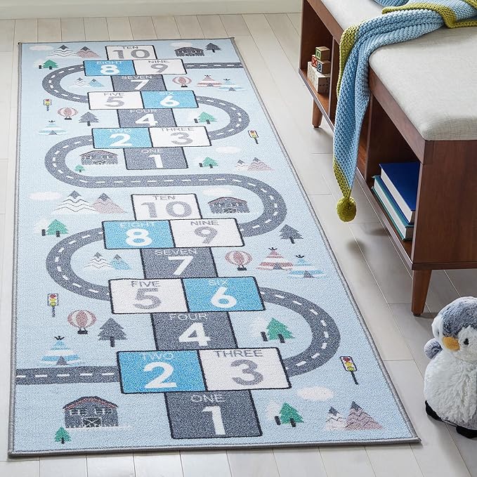 SAFAVIEH Kids Playhouse Collection Runner Rug - 2'2" x 8', Grey & Blue, Non-Shedding Machine Washable & Slip Resistant Ideal for High Traffic Areas for Boys & Girls in Playroom, Bedroom (KPH226F)