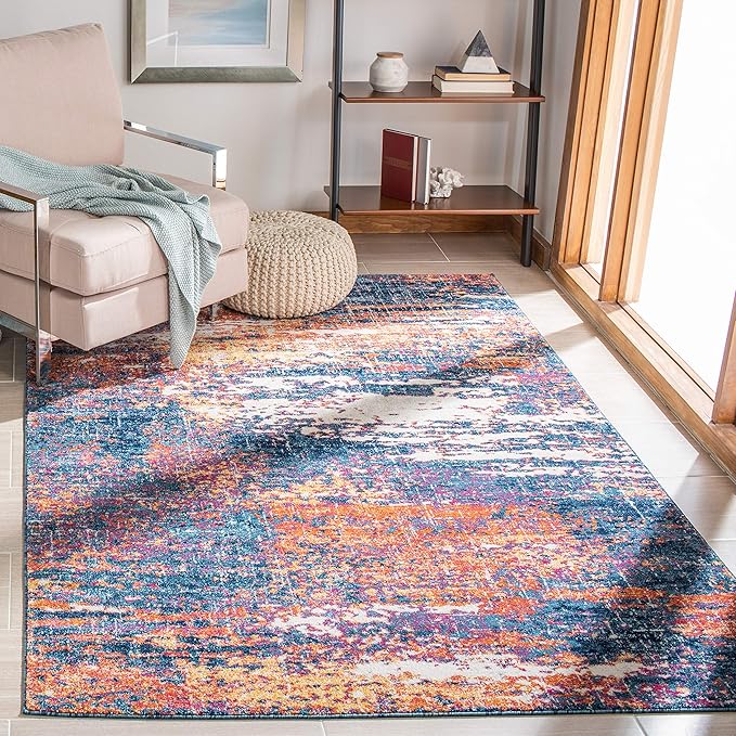 SAFAVIEH Evoke Collection 8' x 10' Navy / Orange EVK272N Modern Abstract Non-Shedding Living Room Bedroom Dining Home Office Area Rug