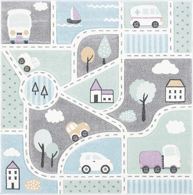 SAFAVIEH Carousel Kids Collection Area Rug - 6'7" Square, Grey & Light Blue, Non-Shedding & Easy Care, Ideal for High Traffic Areas for Boys & Girls in Playroom, Nursery, Bedroom (CRK193F)