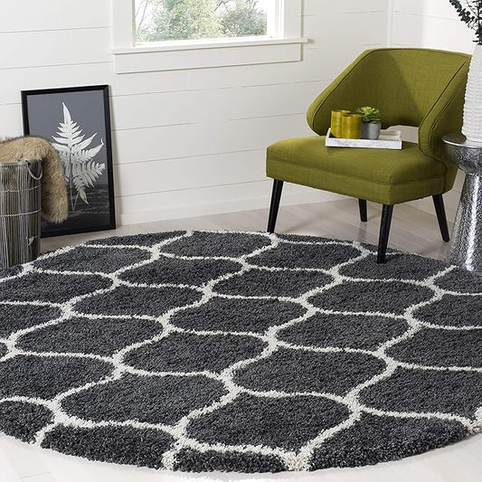 SAFAVIEH Hudson Shag Collection 3' Round Dark Grey/Ivory SGH280G Moroccan Ogee Trellis Non-Shedding Living Room Bedroom Dining Room Entryway Plush 2-inch Thick Area Rug