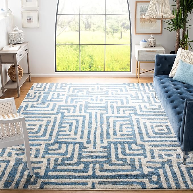 SAFAVIEH Amsterdam Collection Area Rug - 8' x 10', Ivory & Light Blue, Modern Abstract Design, Non-Shedding & Easy Care, Ideal for High Traffic Areas in Living Room, Bedroom (AMS106C)