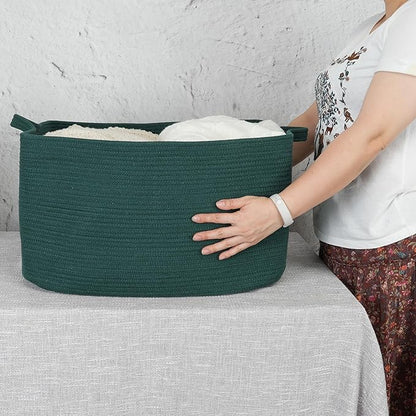 XUANGUO Large Rectangle Blankets Basket Living Room 22"x17"x12" Woven Cotton Rope Storage Basket for Nursery Toy Baskets for Kids and Dogs Wicker Laundry Baskets Bin for Clothes Towels dark green