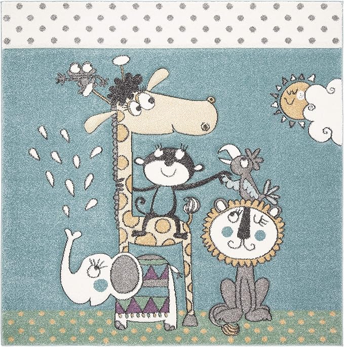 SAFAVIEH Carousel Kids Collection 4' Square Ivory/Blue CRK185A Animal Non-Shedding Nursery Playroom Area Rug