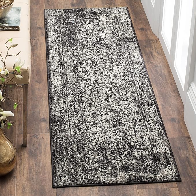 SAFAVIEH Evoke Collection 2'2" x 11' Black / Grey EVK256R Oriental Distressed Non-Shedding Living Room Bedroom Runner Rug