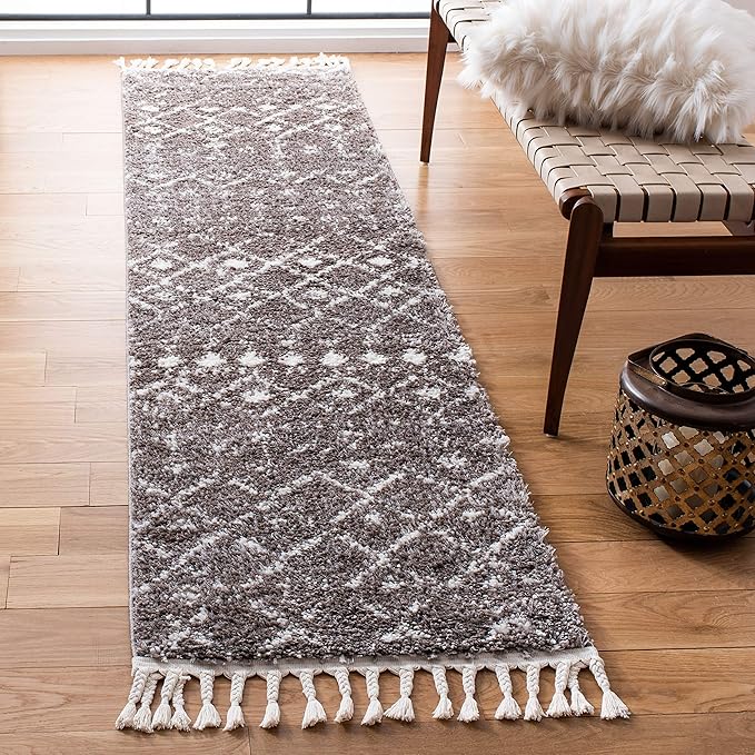 SAFAVIEH Berber Fringe Shag Collection 2'2" x 8' Brown / Ivory BFG516T Moroccan Non-Shedding Living Room Bedroom Dining Room Entryway Plush 1.2-inch Thick Runner Rug
