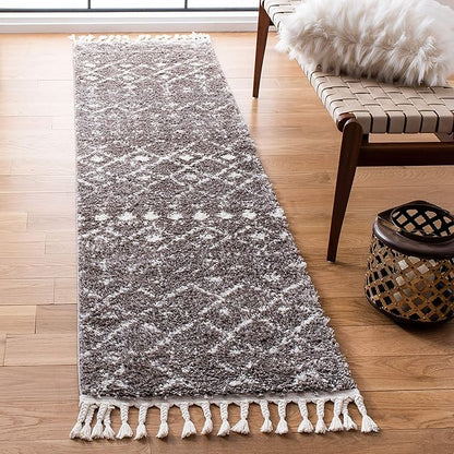 SAFAVIEH Berber Fringe Shag Collection 2'2" x 8' Brown / Ivory BFG516T Moroccan Non-Shedding Living Room Bedroom Dining Room Entryway Plush 1.2-inch Thick Runner Rug