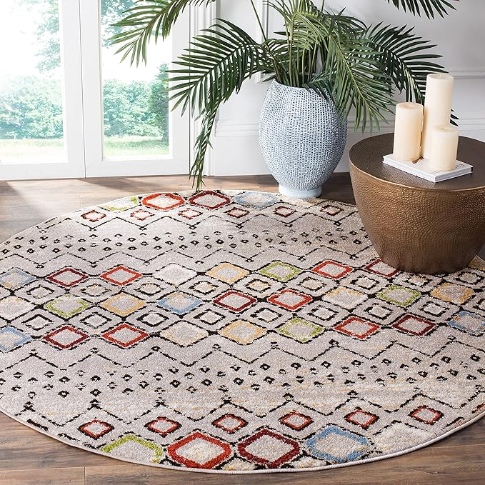 SAFAVIEH Amsterdam Collection 5 feet 1 inch x 5 feet 1 inch Round Light Grey / Multi AMS108G Moroccan Boho Non-Shedding Dining Room Entryway Foyer Living Room Bedroom Area Rug