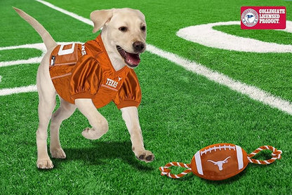 Pets First NCAA Texas Longhorns Football Dog Toy, Tough Quality Nylon Materials, Strong Pull Ropes, Inner Squeaker, Collegiate Team Color, 1 Count (Pack of 1)