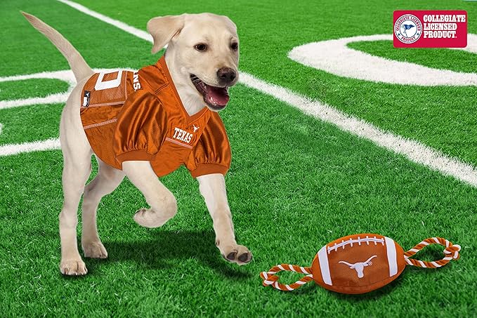 Pets First NCAA Texas Longhorns Football Dog Toy, Tough Quality Nylon Materials, Strong Pull Ropes, Inner Squeaker, Collegiate Team Color, 1 Count (Pack of 1)