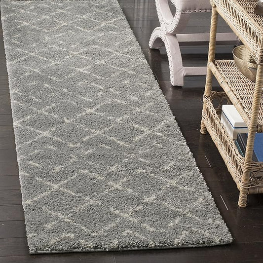 SAFAVIEH Arizona Shag Collection Runner Rug - 2'3" x 10', Grey & Ivory, Moroccan Design, Non-Shedding & Easy Care, 1.6-inch Thick Ideal for High Traffic Areas in Living Room, Bedroom (ASG743D)