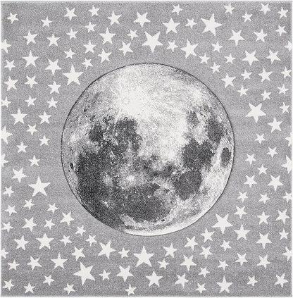 SAFAVIEH Carousel Kids Collection 4' Square Light Grey/White CRK135F Moon and Stars Non-Shedding Nursery Playroom Area Rug