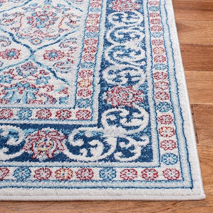 SAFAVIEH Brentwood Collection 2' x 8' Beige / Navy BNT870B Oriental Damask Trellis Non-Shedding Living Room Entryway Foyer Hallway Bedroom Runner Rug