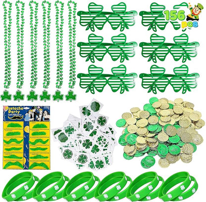 JOYIN 156 Pcs St. Patrick's Day Party Favor Set, 6 Necklaces 6 Eyeglasses 12 Bracelets 72 Temporary Tattoos 12 PCS Mustache 48 Plastic Coins St Patricks Day Accessories
