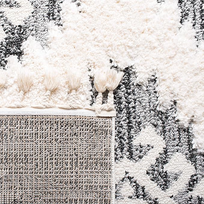 SAFAVIEH Moroccan Tassel Shag Collection Area Rug - 6'7" x 9'2", Ivory & Grey, Boho Design, Non-Shedding & Easy Care, 2-inch Thick Ideal for High Traffic Areas in Living Room, Bedroom (MTS652F)