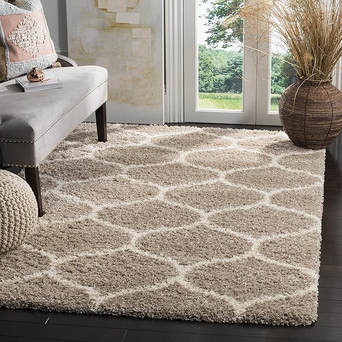 SAFAVIEH Hudson Shag Collection 7' Square Beige/Ivory SGH280S Moroccan Ogee Trellis Non-Shedding Living Room Bedroom Dining Room Entryway Plush 2-inch Thick Area Rug
